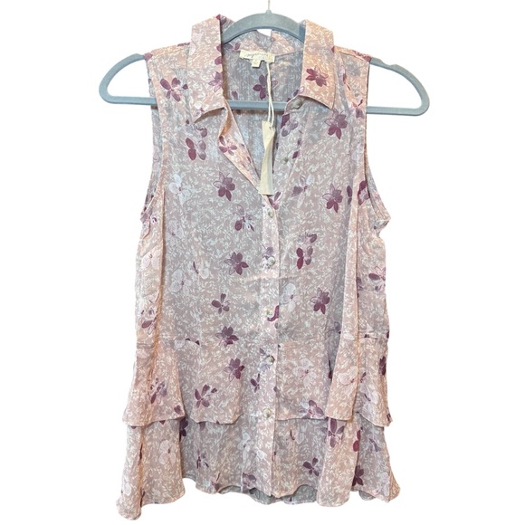 Mystree Floral Button-Up Sleeveless Blouse - Pink and Cream, Size Small - Picture 3 of 11